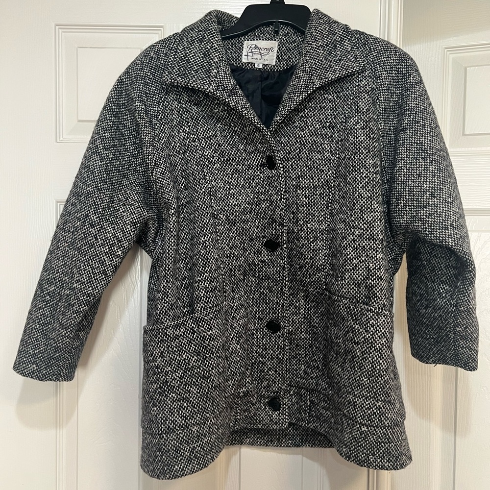 VNTG Gray Fern craft wool jacket lined confetti stitching turtleneck coa…